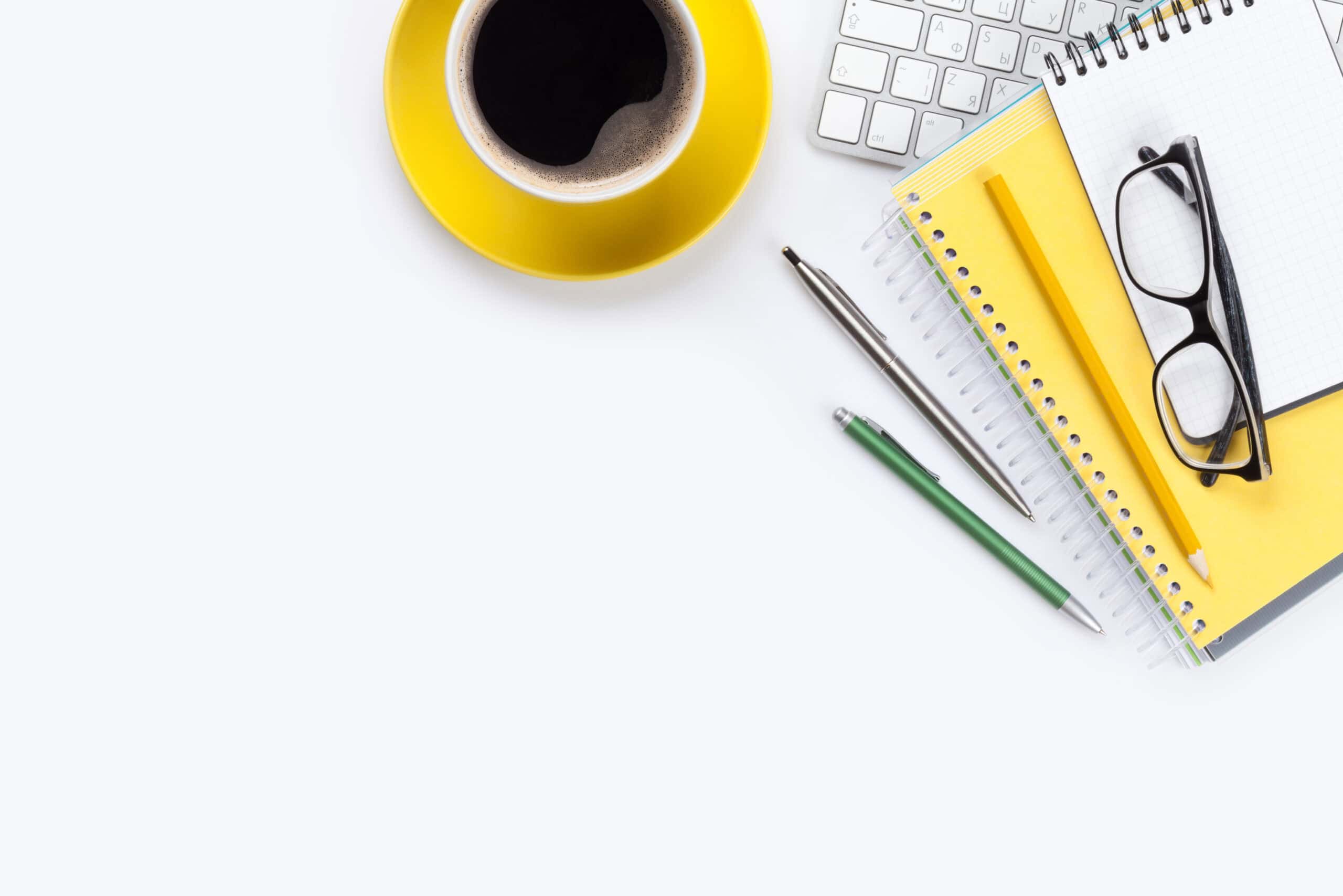 White,Office,Desk,With,Computer,And,Supplies.,Tabletop.,Top,View